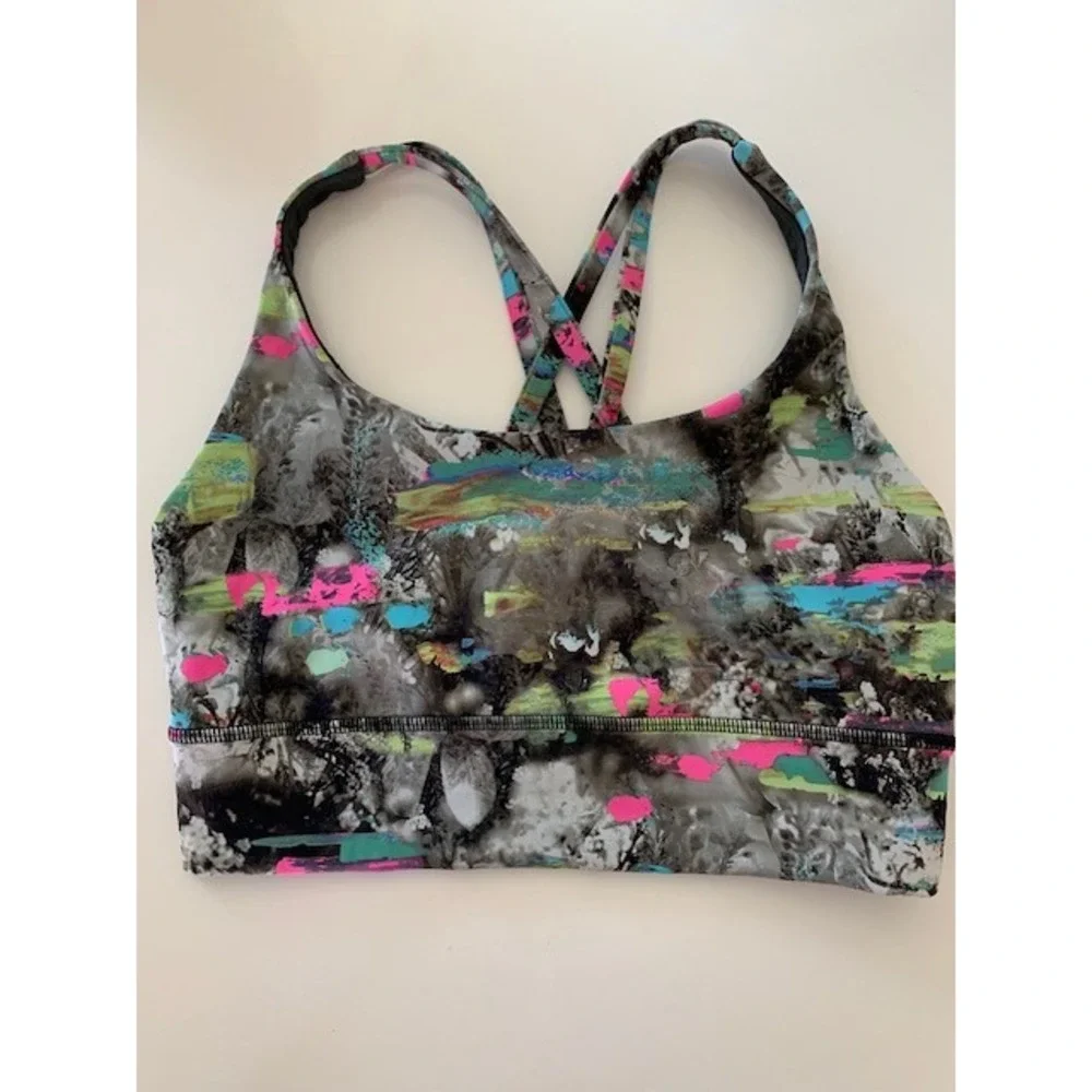 Lululemon Energy Bra Size 6 Abstract Paint Splatter Multi Color Strappy Back
